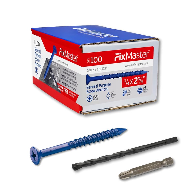 FixMaster 1/4 x 2-3/4" Countersunk Phillips Flat Head Blue Concrete Screw Anchors (100 pcs Screw Kit) with one Screwdriver and Drill Bit for Concrete, Masonry, Block, Brick and Wood Fastening - Image 1